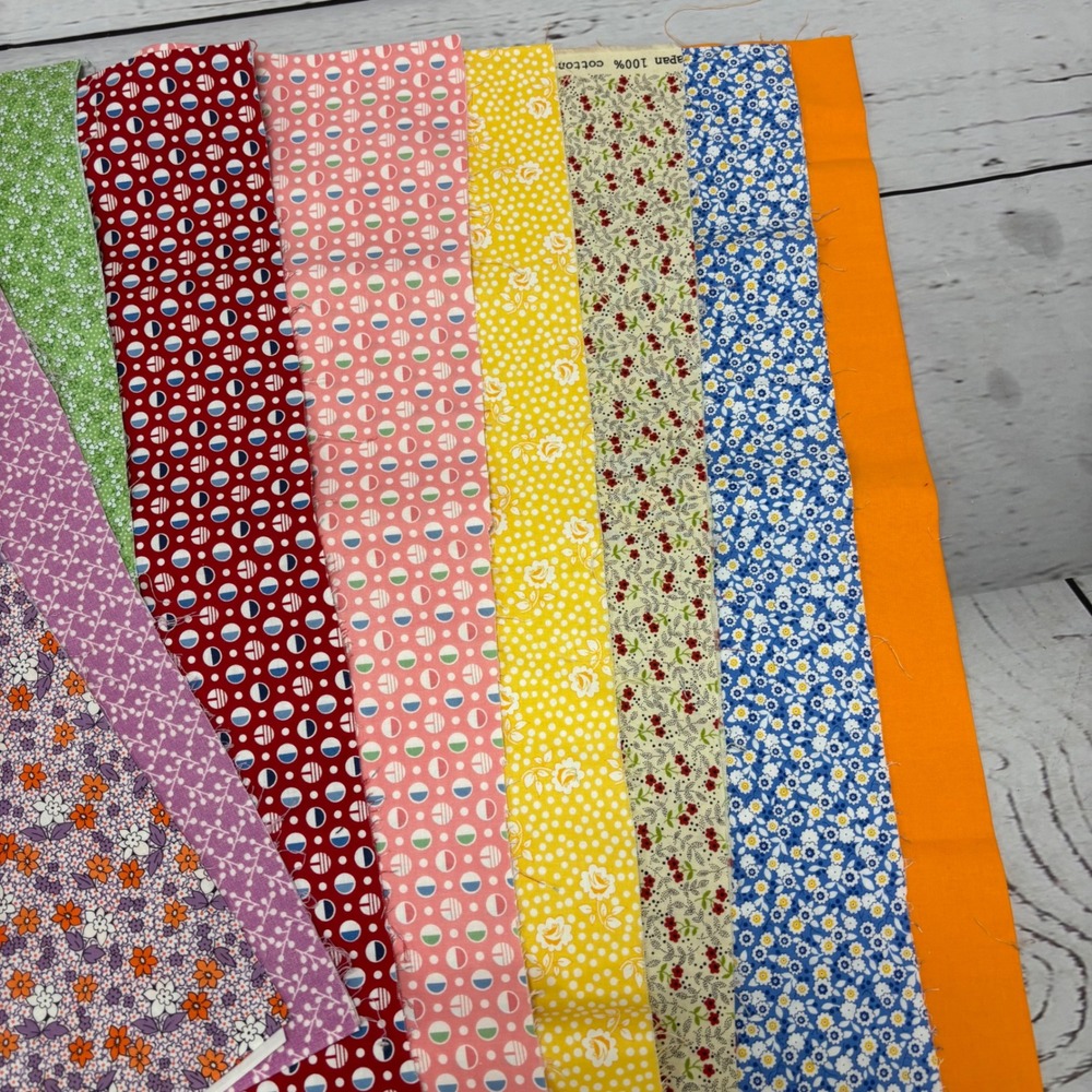 Vintage Cotton Fabric Remnants Lot Floral Polka Dot Geometric Quilt Pieces 9pc - Picture 5 of 6